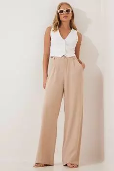 Женские льняные брюки палаццо кремового цвета с высокой талией Happiness stanbul, бежевый