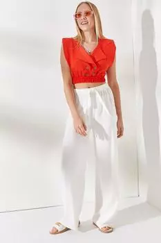 Женские льняные брюки палаццо с эластичной резинкой и шнуровкой на талии цвета экрю Olalook