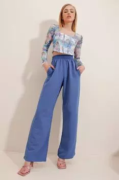 Женские льняные брюки-палаццо с двойными карманами и эластичной резинкой на талии, синие, Trend Alaat Stili, синий