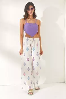 Женские льняные брюки палаццо в этническом стиле фиолетового цвета с поясом и узором Olalook, бежевый