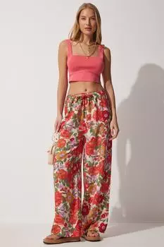 Женские льняные брюки-палаццо зеленого, оранжевого цвета с цветочным принтом Happiness stanbul, зеленый