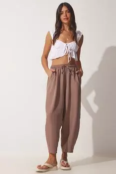 Женские льняные брюки-шалвар из вискозы с карманами из норки Happiness stanbul, коричневый