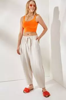 Женские льняные брюки-шалвар с карманами и поясом PNT-19000214 Olalook, серый