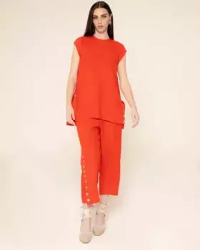 Женские льняные брюки широкого кроя с высокой талией и разрезами Niza, оранжевый