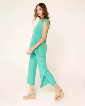 Женские льняные брюки широкого кроя с высокой талией и разрезами Niza, синий