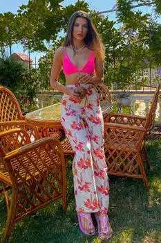 Женские льняные брюки свободного покроя бежевого цвета с эластичным поясом и весенним рисунком Trend Alaat Stili, бежевый