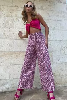 Женские льняные тканые брюки-палаццо цвета бежевого цвета с рисунком в стиле ретро ALC-X8515 Trend Alaat Stili, бежевый