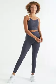 Женские леггинсы узкого кроя в рубчик с высокой талией антрацитового цвета и детализированной окантовкой TOMMYLIFE