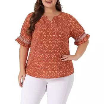 Женские летние блузки с V-образным вырезом и короткими рукавами с рюшами и булавками в горошек Agnes Orinda, оранжевый