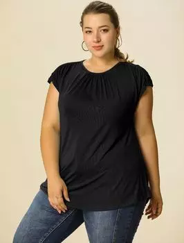 Женские летние однотонные топы больших размеров с рюшами и короткими рукавами и круглым вырезом Agnes Orinda, черный