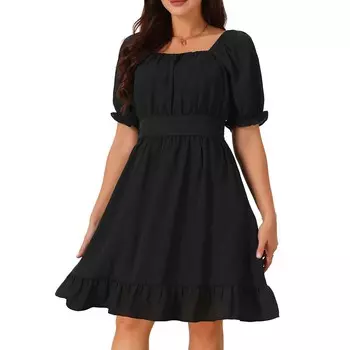 Женские летние платья с квадратным вырезом и коротким рукавом, Повседневное платье трапециевидной формы с рюшами на спине Seta T, черный