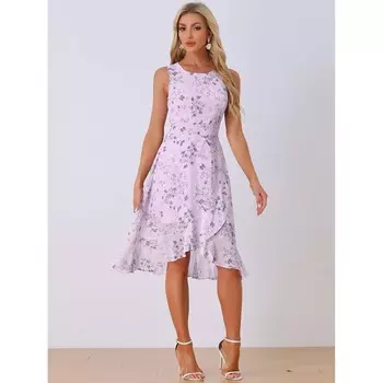 Женские летние платья с рюшами и подолом, платье без рукавов с круглым вырезом и талией, платье с цветочным принтом ALLEGRA K, бежевый