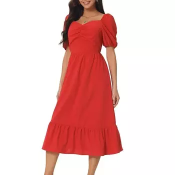Женские летние платья струящиеся пляжные миди с квадратным вырезом, пышными рукавами и присборенной спиной, с карманами Seta T, красный