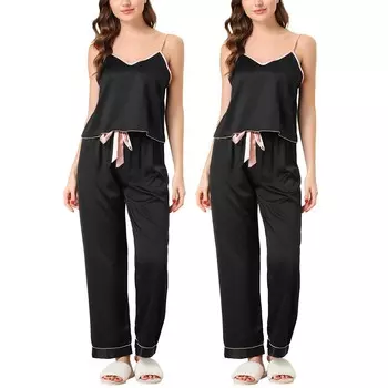 Женские летние подтяжки, пижамы из ледяного шелка, домашняя одежда, комплект из трех предметов Cheibear, черный