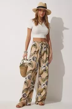 Женские летние свободные брюки из вискозы бежево-зеленого цвета с высокой талией Happiness stanbul, бежевый