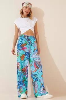 Женские летние свободные брюки из вискозы цвета морской волны с высокой талией Happiness stanbul, синий