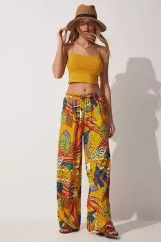 Женские летние свободные брюки из вискозы оранжево-синего цвета с высокой талией Happiness stanbul, оранжевый