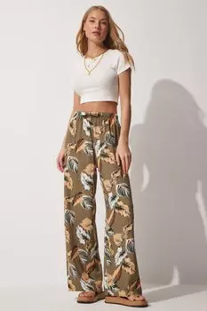 Женские летние свободные вискозные брюки цвета хаки с высокой талией Happiness stanbul