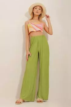 Женские масляно-зеленые брюки-палаццо со складками и высокой талией Trend Alaat Stili, зеленый