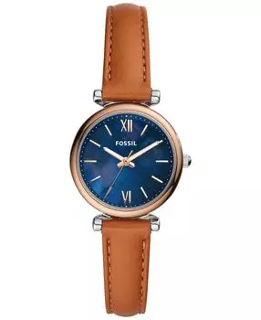 Женские мини-часы Carlie с кожаным ремешком, 28 мм Fossil, коричневый