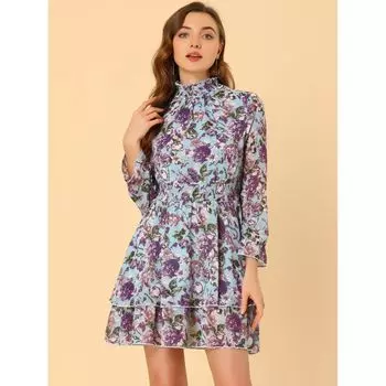 Женские многослойные мини-платья с цветочной отделкой и оборками, длинными рукавами и присборенным вырезом ALLEGRA K, синий