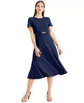 Женские модели с поясом Fit & Расклешенное платье-миди Calvin Klein, синий