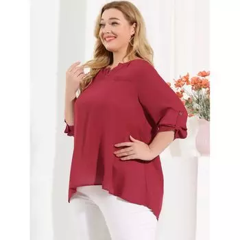 Женские модные однотонные топы больших размеров с рукавами 3/4 и V-образным вырезом с разрезом Agnes Orinda, синий