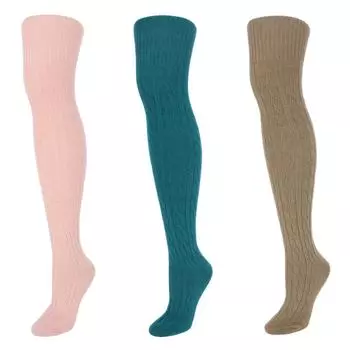 Женские мягкие носки выше колена с косичной вязкой (3 пары) CTM, зеленый/розовый/кофейно-коричневый