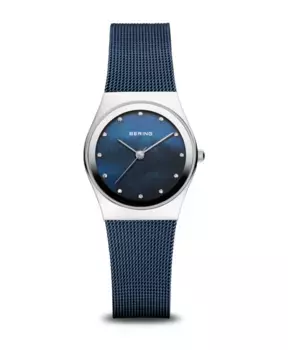 Женские наручные часы классические серебристые блестящие с синим миланским браслетом 12927-307 Bering, серый