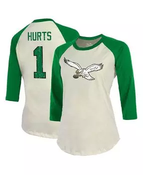 Женские нитки Jalen Hurts Cream, Kelly Green Philadelphia Eagles Альтернативное имя и номер игрока Футболка реглан с рукавами 3/4 Majestic, слоновая кость/кремовый