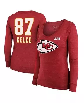 Женские нитки Travis Kelce Red Kansas City Chiefs Super Bowl LVIII Scoop Имя и номер Футболка Tri-Blend с длинными рукавами Majestic, красный