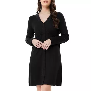 Женские ночные рубашки с длинным рукавом на пуговицах, пижамы, кружевные рубашки для сна с V-образным вырезом MISSKY, черный