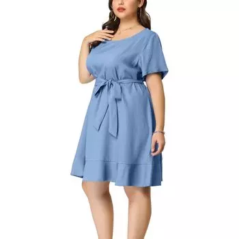 Женские однотонные платья-миди из шамбре с короткими рукавами и рюшами больших размеров Agnes Orinda, светло-синий