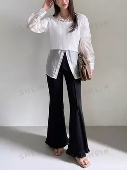 Женские однотонные расклешенные брюки узкого кроя с рюшами по низу Friful, черный