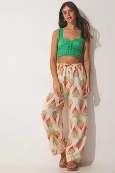 Женские оранжево-кремовые льняные брюки-палаццо с цветочным принтом Happiness stanbul, оранжевый