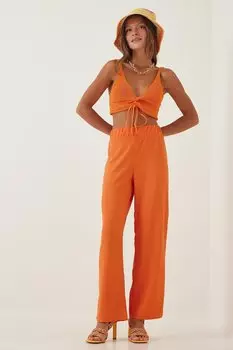Женские оранжевые широкие трикотажные брюки палаццо с эластичной резинкой на талии HZL22S-BD165431 hazelin