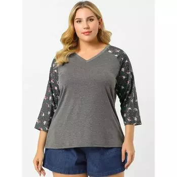 Женские осенние топы больших размеров с контрастными вставками и цветочным принтом, V-образным вырезом и рукавами 3/4 Agnes Orinda, синий