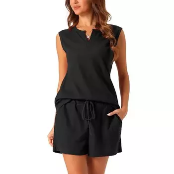 Женские пижамные комплекты вафельной вязки из 2 предметов, майка и шорты, комплекты для отдыха Cheibear, черный