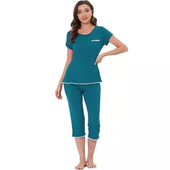 Женские пижамы для отдыха, пижамы с круглым вырезом, капри, повседневные комплекты для сна Cheibear, цвет Peacoke Green