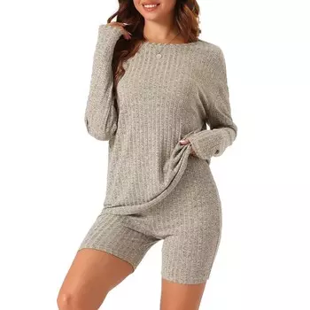 Женские пижамы, комплекты из 2 предметов, вязаная одежда в рубчик, топ с длинными рукавами и узкие байкерские шорты, комплект для отдыха Cheibear, цвет Camel