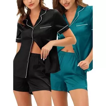 Женские пижамы с короткими рукавами, топы на пуговицах, шорты, атласные комплекты Cheibear, цвет Black Peacock Green