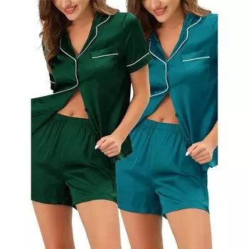 Женские пижамы с короткими рукавами, топы на пуговицах, шорты, атласные комплекты Cheibear, цвет Green Peacock Green