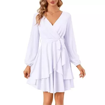 Женские платья-фигуристки, сексуальное мини-платье с v-образным вырезом и коротким рукавом с завязкой на талии, однотонное струящееся мини-платье в стиле бохо с рюшами Kojooin, белый