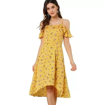 Женские платья-миди трапециевидной формы с цветочным принтом и бретелями на тонких бретельках ALLEGRA K, желтый