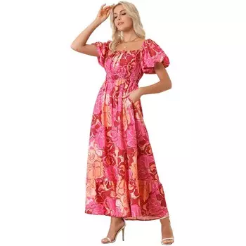 Женские платья с цветочным принтом, милое платье с вырезом в форме сердца и короткими рукавами, платье макси в стиле бохо ALLEGRA K, розовый