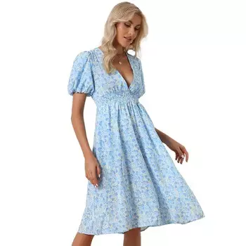 Женские платья с цветочным принтом, повседневные летние платья миди с глубоким V-образным вырезом и присборенной талией ALLEGRA K, синий