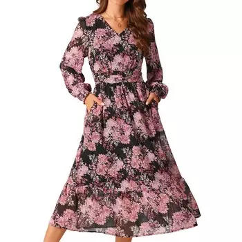 Женские платья с длинным рукавом и цветочным принтом, V-образный вырез, бохо, многоуровневое струящееся шифоновое платье-миди с рюшами и карманом Seta T, черный