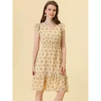 Женские платья с развевающимися рукавами и V-образным вырезом, присборенной талией, рюшами и цветочным принтом ALLEGRA K, розовый