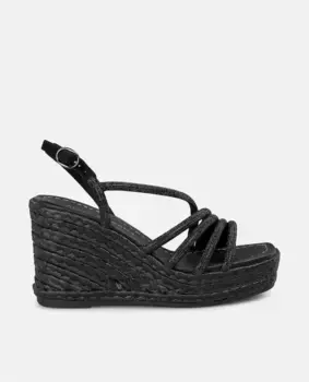 Женские плетеные босоножки на танкетке с перекрещивающимися ремешками из стразов и квадратным носком Alma en Pena, черный