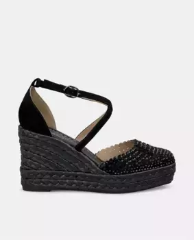 Женские плетеные босоножки на танкетке с застежкой-пряжкой и носком, украшенным стразами Alma en Pena, черный